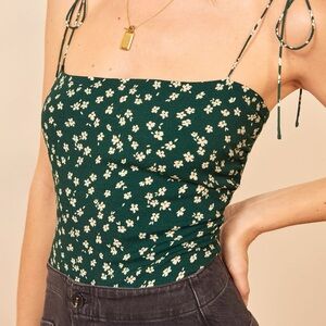Reformation Lupe Tie Strap Tank Top in Green Floral (Size 4)
